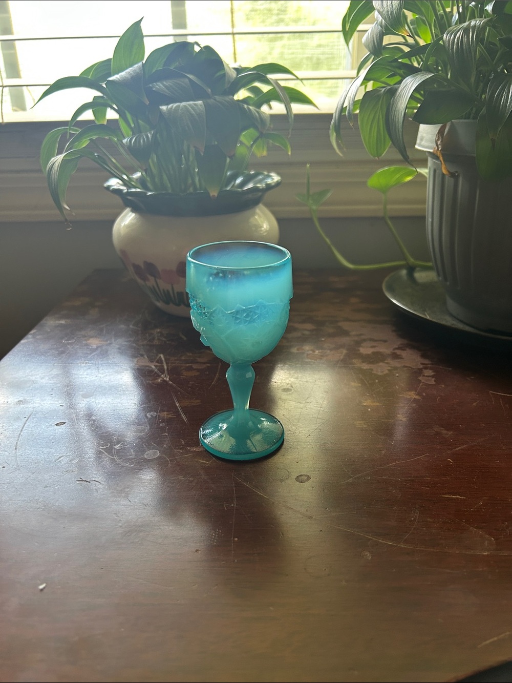 Extremely beautiful rare find. Dagenhart light blue milk glass